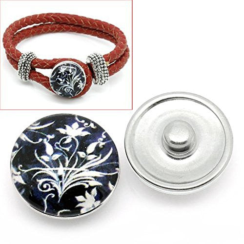 Black and White Flower Design Glass Chunk Charm Button Fits Chunk Bracelet - Sexy Sparkles Fashion Jewelry - 1
