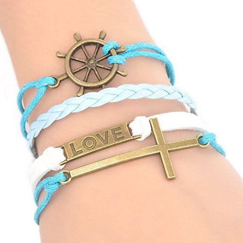 Wax Rope Braiding Bracelet Mixed Antique Bronze Cross & Rudder & Rectangle "Love" Findings 20cm(7 7/8") long - Sexy Sparkles Fashion Jewelry - 1