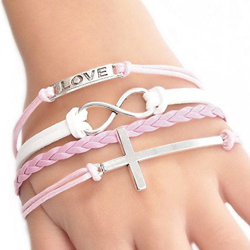 Wax Rope Braiding Bracelet Pink & White Antique Silver Cross & Infinity Symbol Findings "Love" Carved 20cm(7 7/8")long - Sexy Sparkles Fashion Jewelry - 1