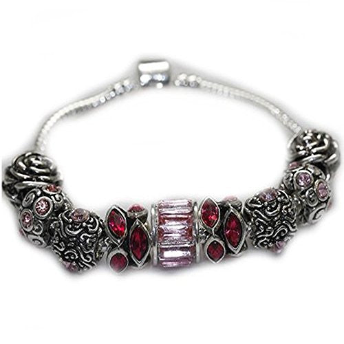 8.5" October Birthday Birthstone  Pink Girly Snake Chain Charm Bracelet - Sexy Sparkles Fashion Jewelry - 1