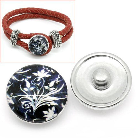 Black and White Flower Design Glass Chunk Charm Button Fits Chunk Bracelet - Sexy Sparkles Fashion Jewelry - 4