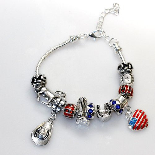 Country Cowgirl Theme Charm Style Bracelet Fits 7''-9''
