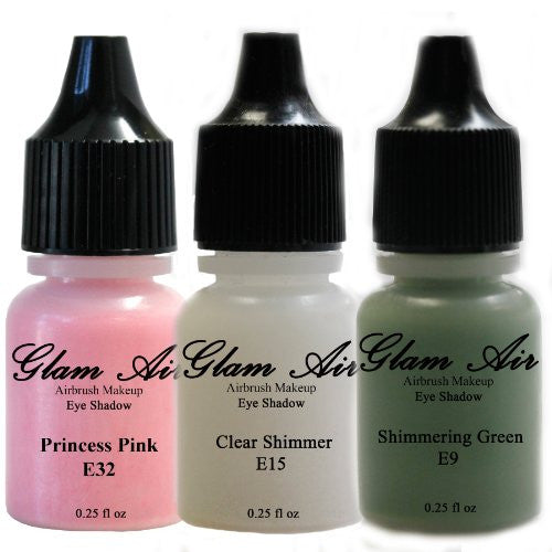 Set of Three (3) Shades of Glam Air Airbrush Eye Shadow Makeup E9 Shimmery Green, E15 Clear Shimmer and E32 Princess Pink Water-based Formula Last All Day (For All Skin Types) 0.25oz Bottles - Sexy Sparkles Fashion Jewelry - 1