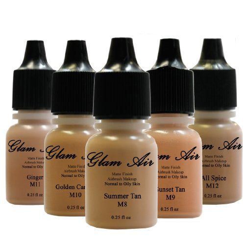 Glam Air Airbrush Water-based 0.25 fl. oz. Bottles of Foundation in 5 Assorted Tan Matte Shades (For Normal to Oily Tan/dark Olive Skin)tan