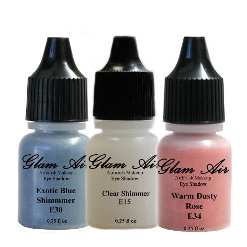 Set of Three (3) Shades of Glam Air Airbrush Eye Shadow Makeup E15 Clear Shimmer, E30 Exotic Blue Shimmer and E34 Warm Dusty Rose Water-based Formula Last All Day (For All Skin Types) 0.25oz Bottles
