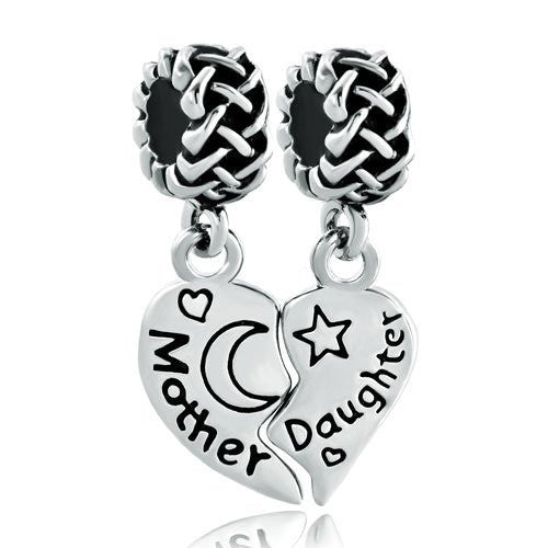 1 Pair Mother Daughter Heart Love Stars and Moon European Bead Compatible for Most European Snake Chain Charm Bracelet