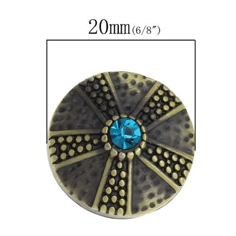 Chunk Snap Buttons Fit Chunk Bracelet Round Antique Bronze Flower Pattern Carved Lake Blue Rhinestone 20mm - Sexy Sparkles Fashion Jewelry - 3