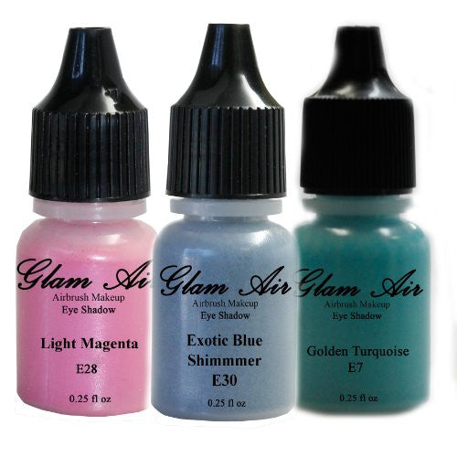 Set of Three (3) Shades of Glam Air Airbrush Eye Shadow Makeup E7 Golden Turquoise, E28 Light Magenta and E30 Exotic Blue Shimmer Water-based Formula Last All Day (For All Skin Types) 0.25oz Bottles - Sexy Sparkles Fashion Jewelry - 1