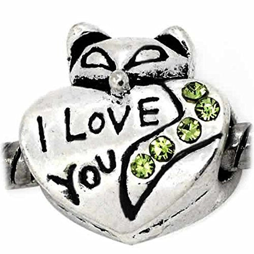 I Love You W/peridot Birthstone  Light Green Crystals Charm European Bead Compatible for Most European Snake Chain Bracelet - Sexy Sparkles Fashion Jewelry