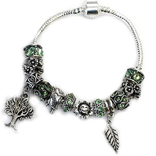8.0" Mother Nature, Tree Charms, Bird Charms, Sun Charms and Leaf Charm with Peridot Green August Created Birthstone