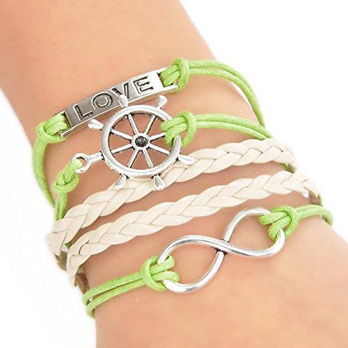 Wax Rope Braiding Bracelet Mixed W/Antique Silver Infinity Symbol & Rudder & Rectangle "Love" Findings 20cm(7 7/8")long - Sexy Sparkles Fashion Jewelry - 1