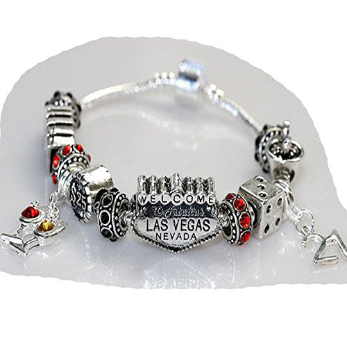 8" Viva Las Vegas Theme Charm with 12 Charms, Pocker Cards,Casino Chips,Dice,Martini Glass & Crystals charm beads, For Snake Chain Bracelets