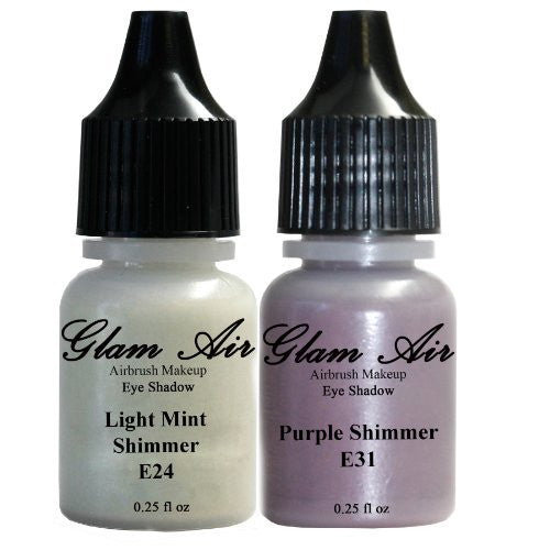 Set of Two (2) Shades of Glam Air Airbrush Eye Shadow Makeup E24 Light Mint Shimmer and E31 Purple Shimmer Water-based Formula Last All Day (For All Skin Types) 0.25oz Bottles - Sexy Sparkles Fashion Jewelry - 1