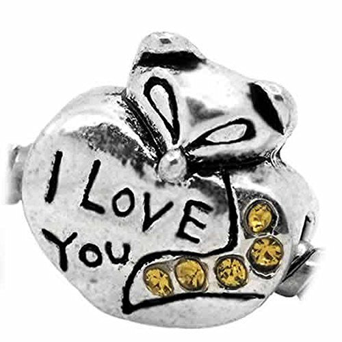 I Love You W/yellow Birthstone  Crystals Charm European Bead Compatible for Most European Snake Chain Bracelet - Sexy Sparkles Fashion Jewelry