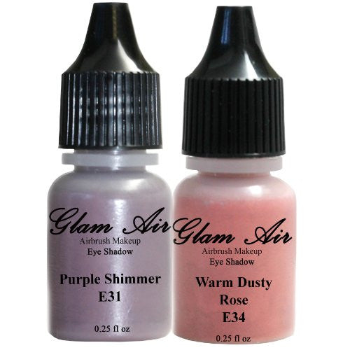 Set of Two (2) Shades of Glam Air Airbrush Eye Shadow Makeup E31 Purple Shimmer and E34 Warm Dusty Rose Water-based Formula Last All Day (For All Skin Types) 0.25oz Bottles - Sexy Sparkles Fashion Jewelry - 1