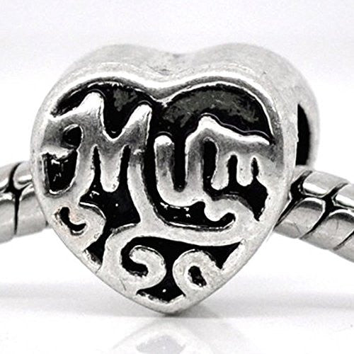 "Mum" Heart Bead European Bead Compatible for Most European Snake Chain Bracelet