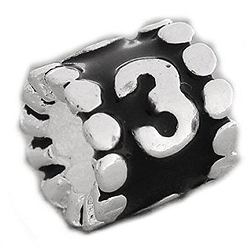 Black Enamel Number  "3" Charm Compatible with European Snake Chain Charm Bracelet