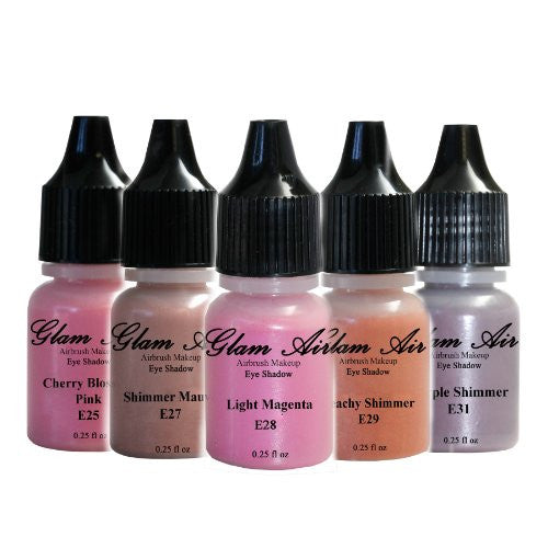 Set of Five (5) Shades of Glam Air Airbrush Eye Shadow Makeup E25 Cherry Blossom Pink, E27 Shimmer Mauve, E28 Light Magenta, E29 Peachy Shimmer, and E31 Purple Shimmer Water-based Formula Last All Day (For All Skin Types) 0.25oz Bottles - Sexy Sparkles Fashion Jewelry - 1