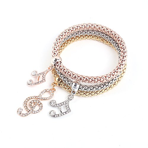 Musical note stretch Bracelets 3PCS Gold/Silver/Rose Gold Plated Popcorn Chain with Crystal Charms Multilayer Bracelets for Women