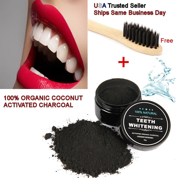 Sexy Sparkles 100% ORGANIC COCONUT ACTIVATED CHARCOAL NATURAL TEETH WHITENING POWDER WITH BAMBOO TOOTH BRUSH