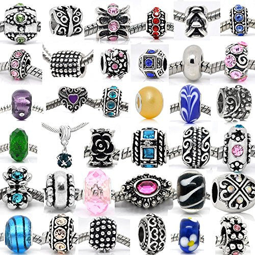 (20 Beads Mix) Pack of Assorted Silver Tone Charms, Crystal Bead Charms, Murano Glass Beads and Spacers - Sexy Sparkles Fashion Jewelry
