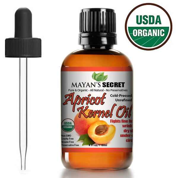 Apricot Kernel Oil USDA Certified Organic Natural Cold Pressed, Unrefined in Amber Glass Bottle w/Glass Eyedropper for Easy Application 4oz