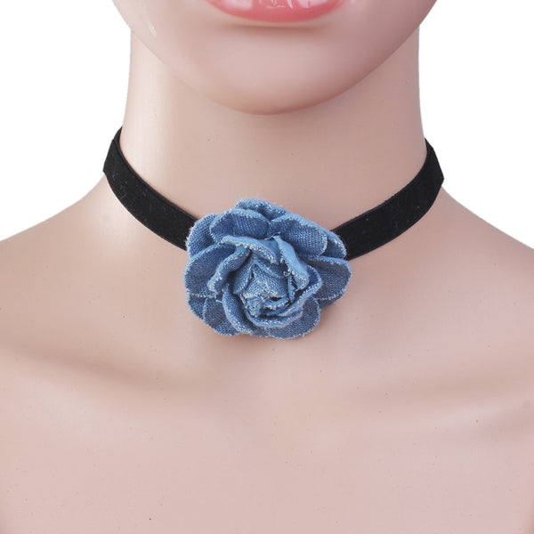 Sexy Sparkles New Style Black Choker Necklace with  Blue Flower