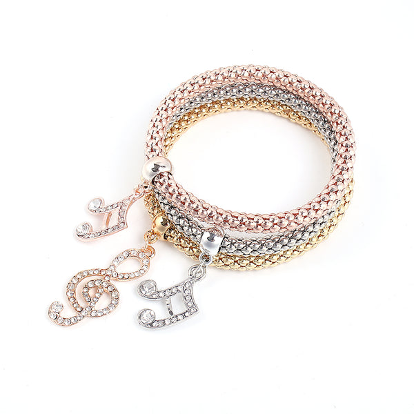 Musical Note Stretch Bracelets Iâ€™s 3PCS Gold/Silver/Rose Gold Plated Popcorn Chain with Crystal Charms Multilayer Bracelets for Women