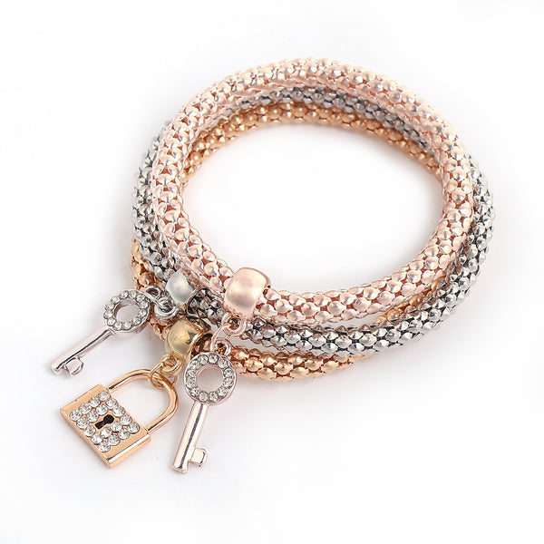 lock and key Stretch Bracelets Iâ€™s 3PCS Gold/Silver/Rose Gold Plated Popcorn Chain with Crystal Charms Multilayer Bracelets for Women