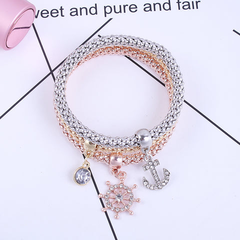 Anchor ship Stretch Bracelets Iâ€™s 3PCS Gold/Silver/Rose Gold Plated Popcorn Chain with Crystal Charms Multilayer Bracelets for Women
