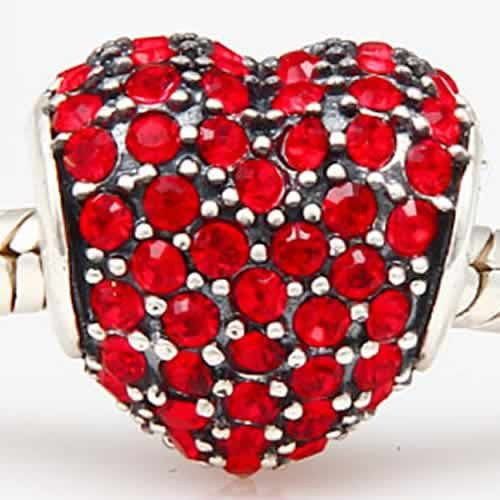 .925 Sterling Silver "Heart W/Rhinestones Red"  Charm Spacer Bead for Snake Chain Charm Bracelet