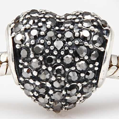.925 Sterling Silver "Heart W/Rhinestones Gray"  Charm Spacer Bead for Snake Chain Charm Bracelet