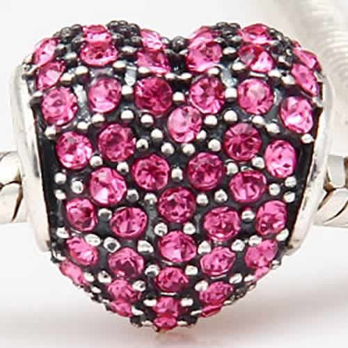 .925 Sterling Silver "Heart W/Rhinestones Dark Pink"  Charm Spacer Bead for Snake Chain Charm Bracelet