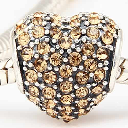 .925 Sterling Silver "Heart W/Rhinestones Topaz"  Charm Spacer Bead for Snake Chain Charm Bracelet - Sexy Sparkles Fashion Jewelry