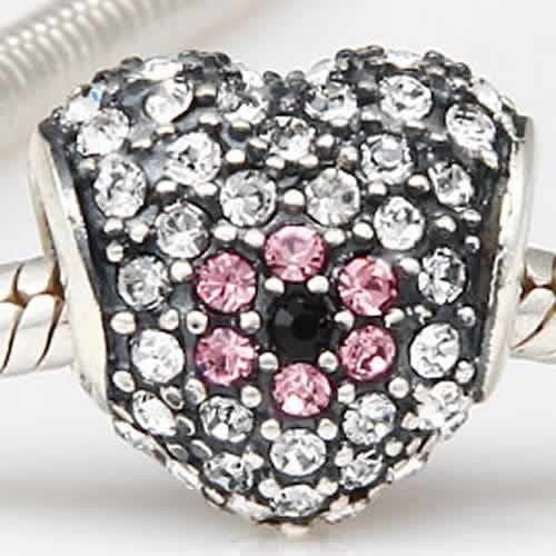 .925 Sterling Silver "Heart W/ flower W/ Rhinestones Clear and pink"  Charm Spacer Bead for Snake Chain Charm Bracelet - Sexy Sparkles Fashion Jewelry