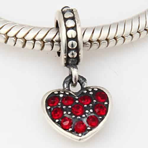 .925 Sterling Silver "Heart W/Rhinestones Garnet Dangle"  Charm Spacer Bead for Snake Chain Charm Bracelet