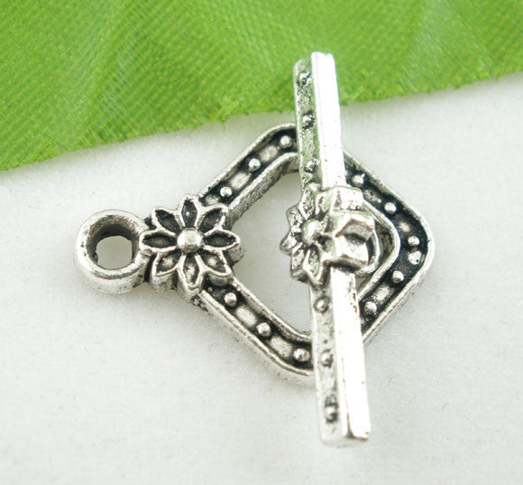 Sexy Sparkles 3 Sets Antique Silver Square Toggle Clasps 20mm (3 toggle clasp & 3 bar bead connector link)