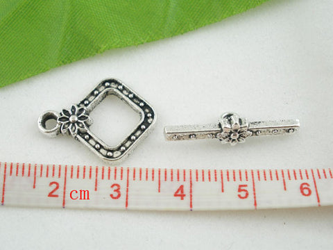 3 Sets Antique Silver Square Toggle Clasps 20mm (3 toggle clasp & 3 bar bead connector link) - Sexy Sparkles Fashion Jewelry - 2
