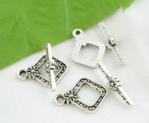 3 Sets Antique Silver Square Toggle Clasps 20mm (3 toggle clasp & 3 bar bead connector link) - Sexy Sparkles Fashion Jewelry - 3
