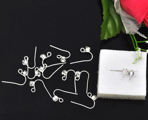 10 Pcs Earring Wire with Loop Clear Rhinestone, Silver Tone 18mm X 10mm - Sexy Sparkles Fashion Jewelry - 1