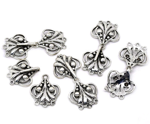 Sexy Sparkles  1 Set of Antiqued Silver Tone Heart Charm Hook Sweater Clasps 46mm(2pcs)