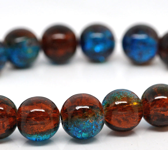 1 Strand Round Glass Loose Beads - Blue & Brown Crackle Glass 10mm Approx. 84pcs