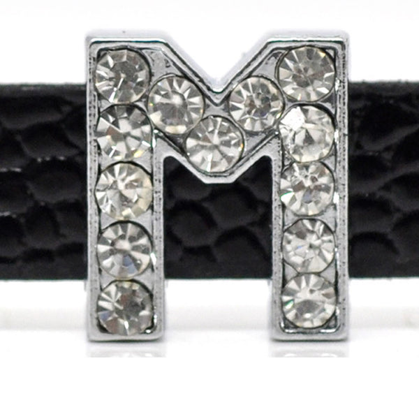 Rhinestone Alphabet Letter M Charm Beads For Slider Style Buckle Charm Bracelet!