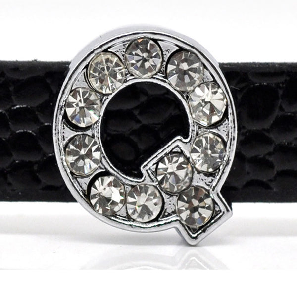 Rhinestone Alphabet Letter Q Charm Beads For Slider Style Buckle Charm Bracelet!