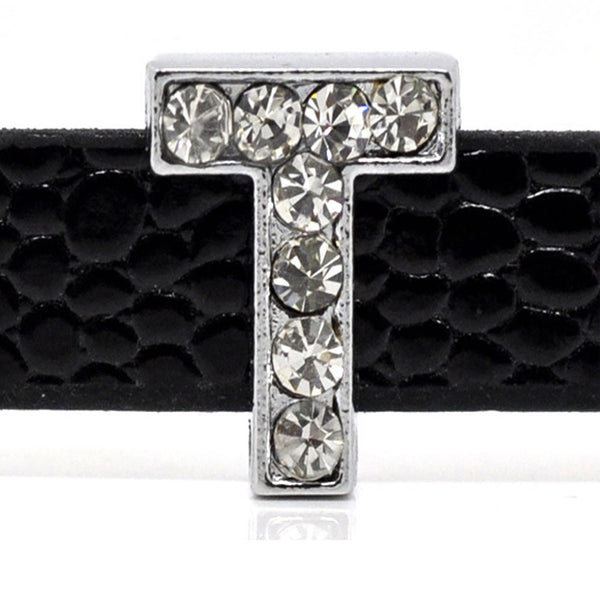 Rhinestone Alphabet Letter T Charm Beads For Slider Style Buckle Charm Bracelet!