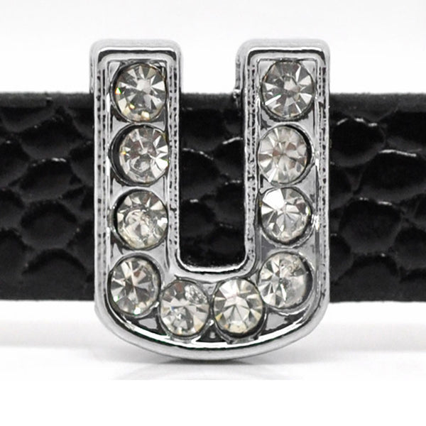 Rhinestone Alphabet Letter U Charm Beads For Slider Style Buckle Charm Bracelet!