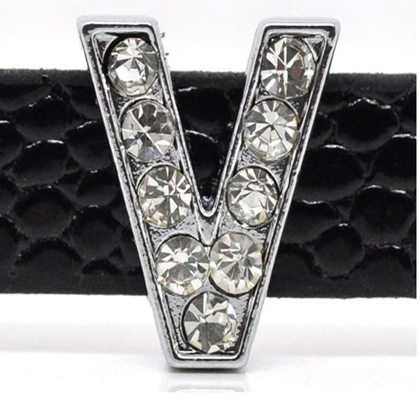 Rhinestone Alphabet Letter V Charm Beads For Slider Style Buckle Charm Bracelet!
