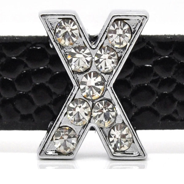Rhinestone Alphabet Letter X Charm Beads For Slider Style Buckle Charm Bracelet!