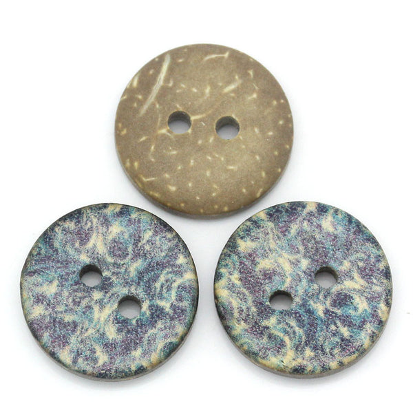 Sexy Sparkles 5 Pcs Coconut Shell Round Natural Buttons with Blue Vines Pattern 15mm