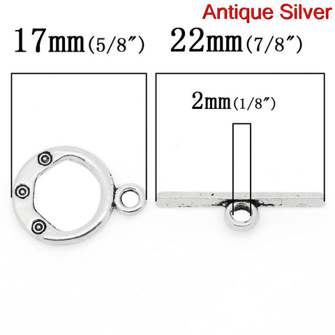 5 Sets Toggle Clasps Round Antique Silver Circle Pattern - Sexy Sparkles Fashion Jewelry - 2